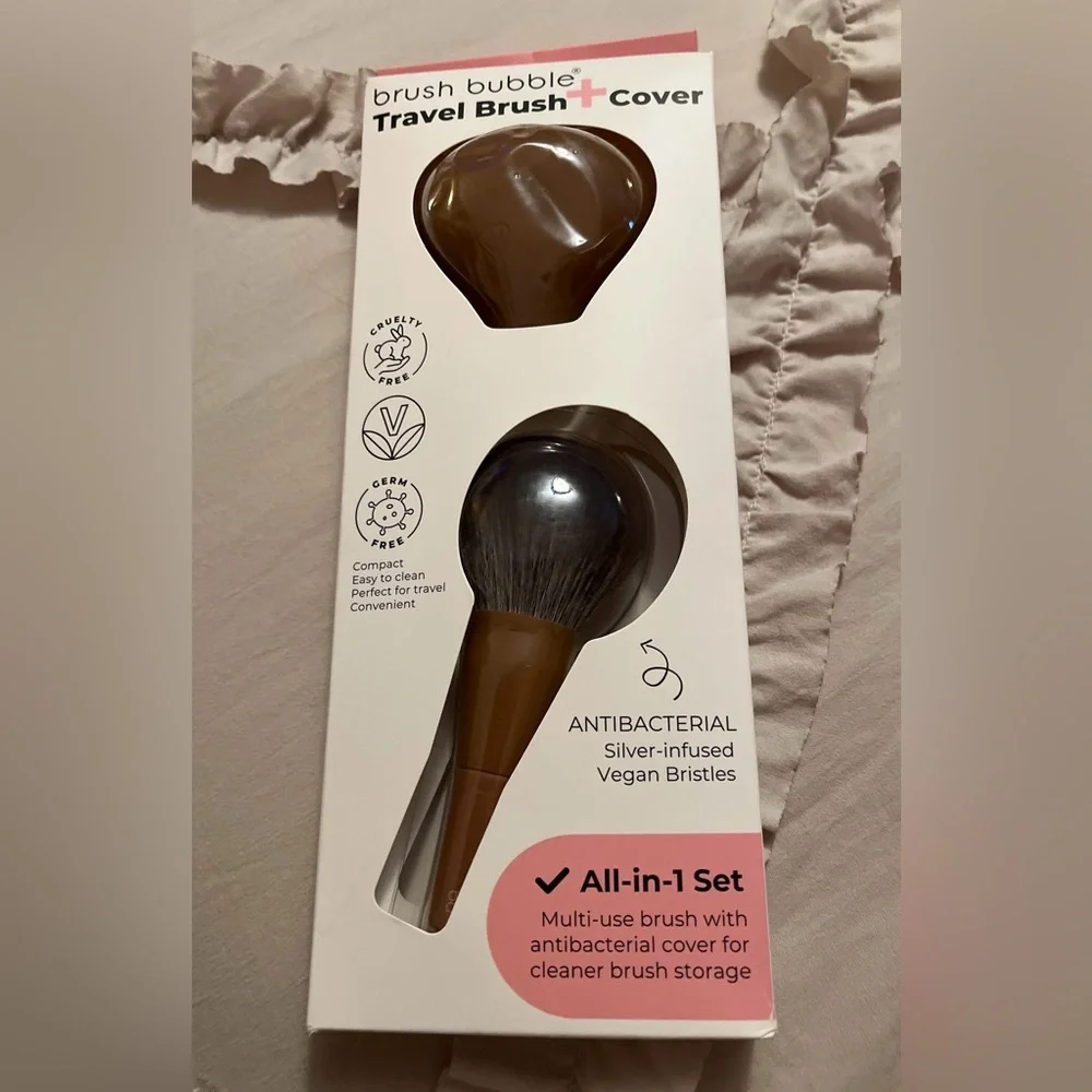 Brush Bubble Travel Brush + Cover - Brown, set of 2, Vegan Bristles NWT